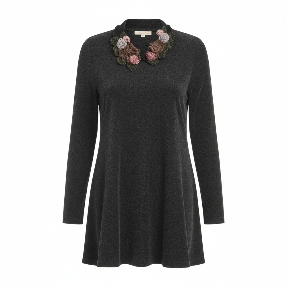 Chenille Vintage Tunic/dress Black With Crochet Accents Hand Detailed